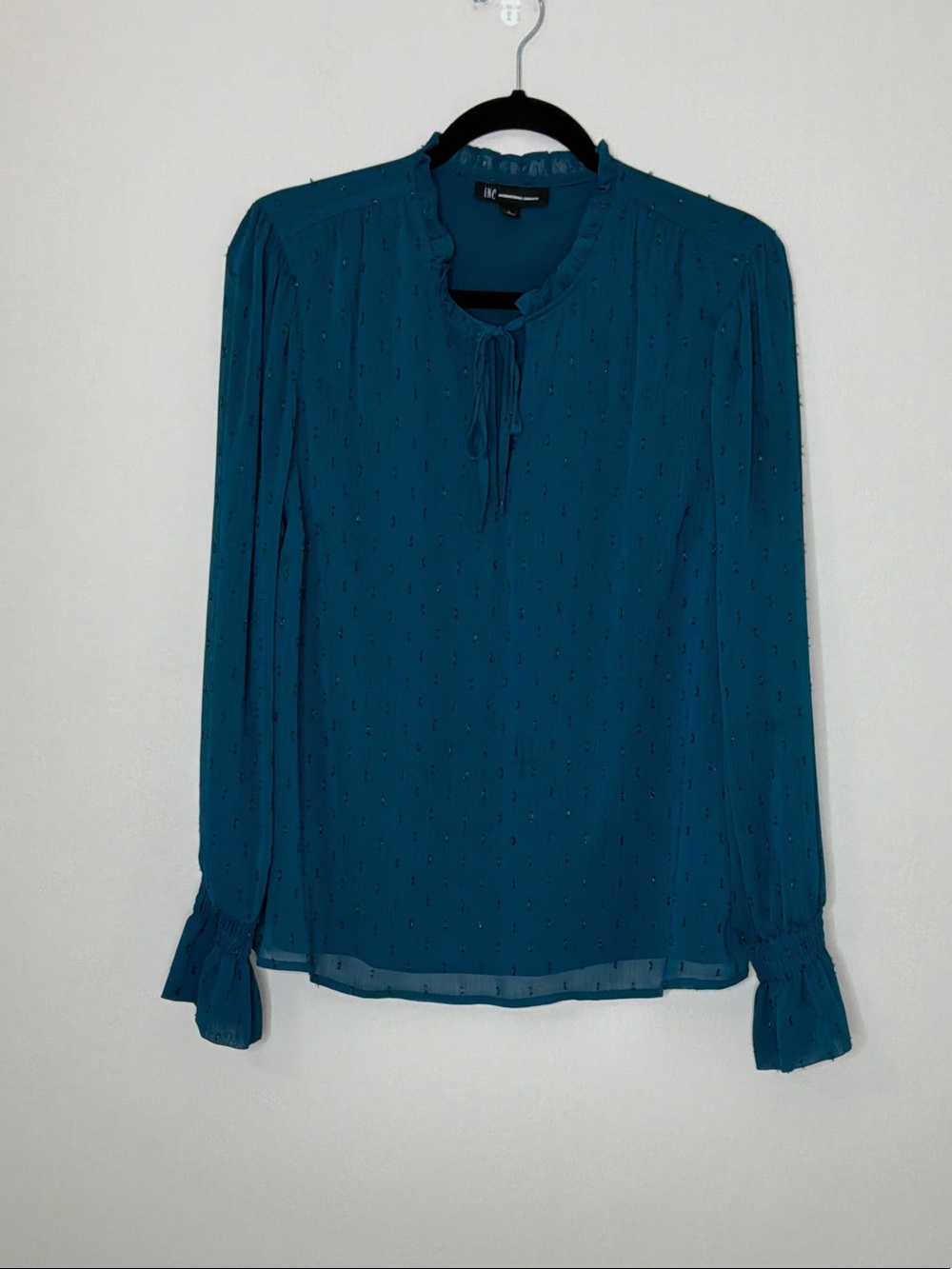 Express Teal Ruffle Tie-Neck Semi-Sheer Blouse